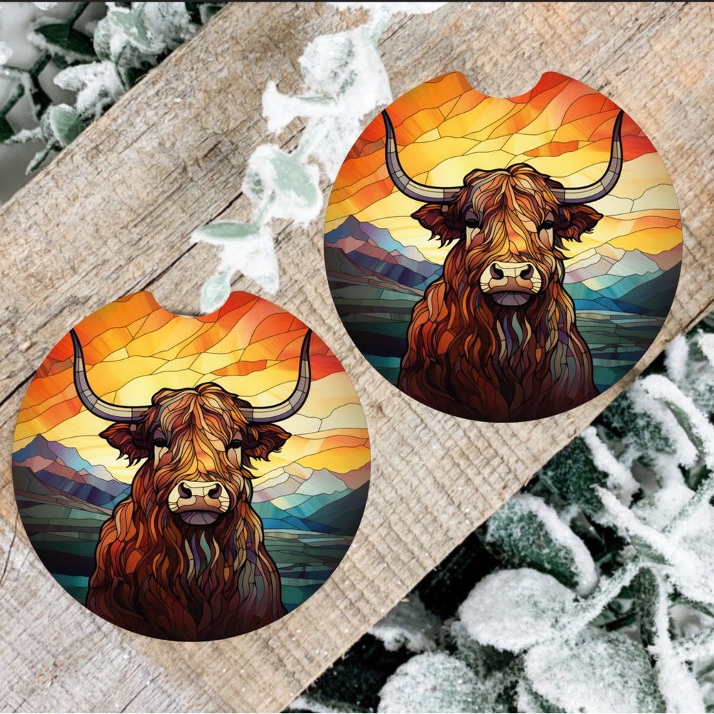 Handmade Sunset Cow Car Coasters | New Set Of Two Highland Cow Car Coasters
